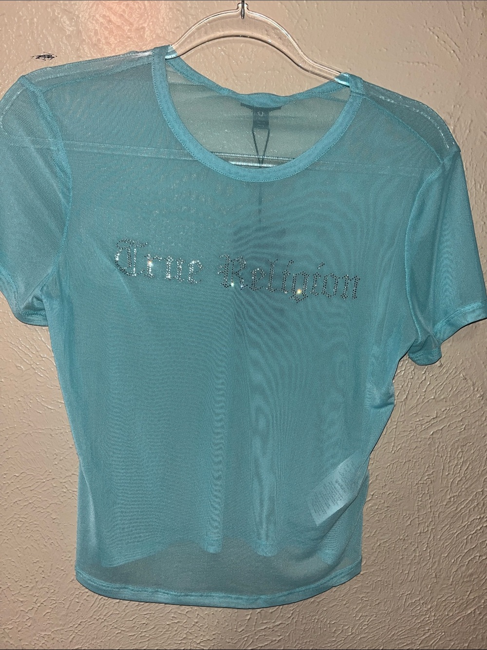 True Religion Aqua Sheer Short-Sleeve Mesh Tee with Rhinestone Logo